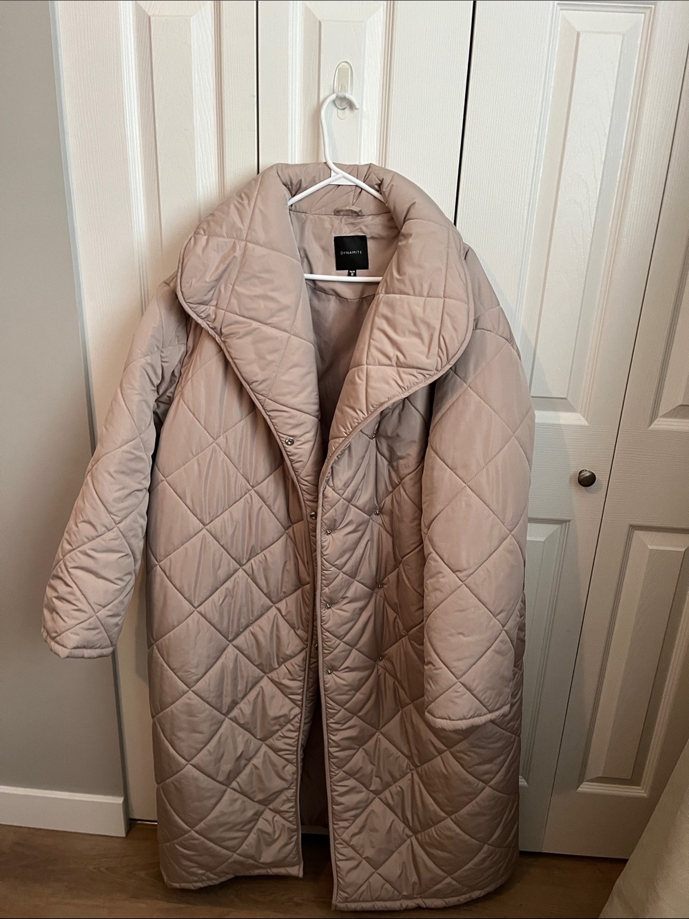 Dynamite Quilted Long Puffer Coat in Taupe